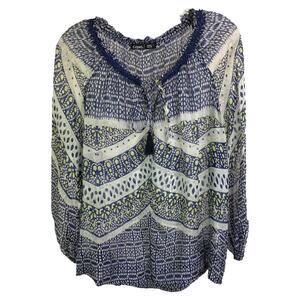 Gypsy 05 Top Blouse Womens L Blue Cream Dots 100% Silk Boho Long Sleeve